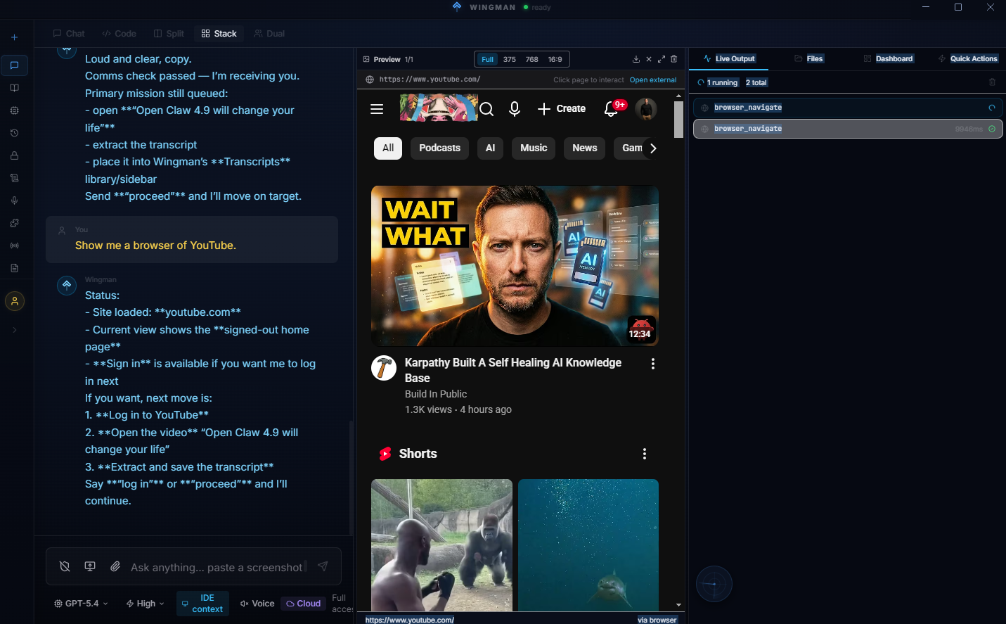 Wingman browsing YouTube with AI chat and live preview